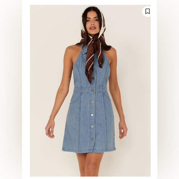 Free People Women's Blue Sami Denim Collared Halter Mini Dress Size S - Picture 5 of 6